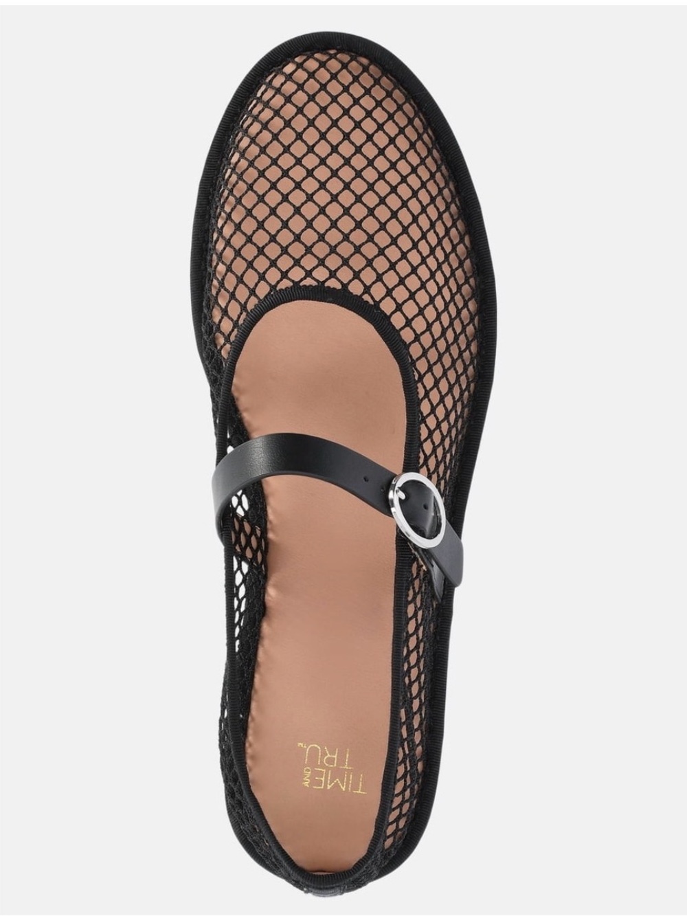 Time and Tru Black Mesh Mary Jane Flat with Silver Buckle